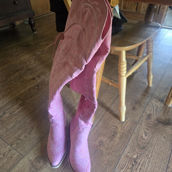 Very Cool Thigh High, Pink Embroidered Western Boots - Picture 1 of 8